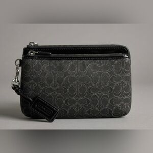 Coach Monogram signature logo canvas and patent leather trim zip wristlet